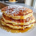 A stack of fluffy buttermilk pancakes dusted with powdered sugar and drizzled with syrup.