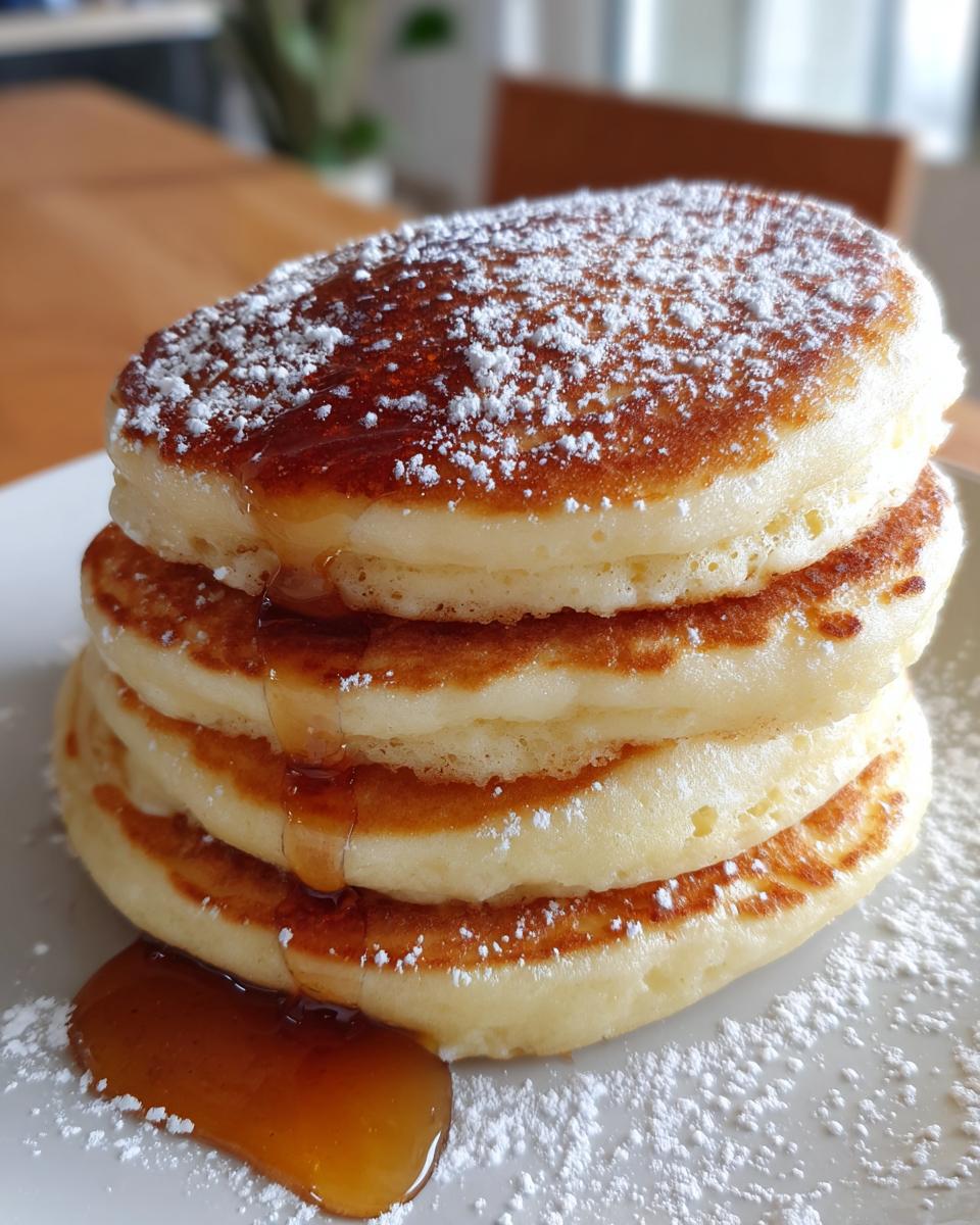 A stack of fluffy buttermilk pancakes, dusted with powdered sugar and drizzled with syrup.