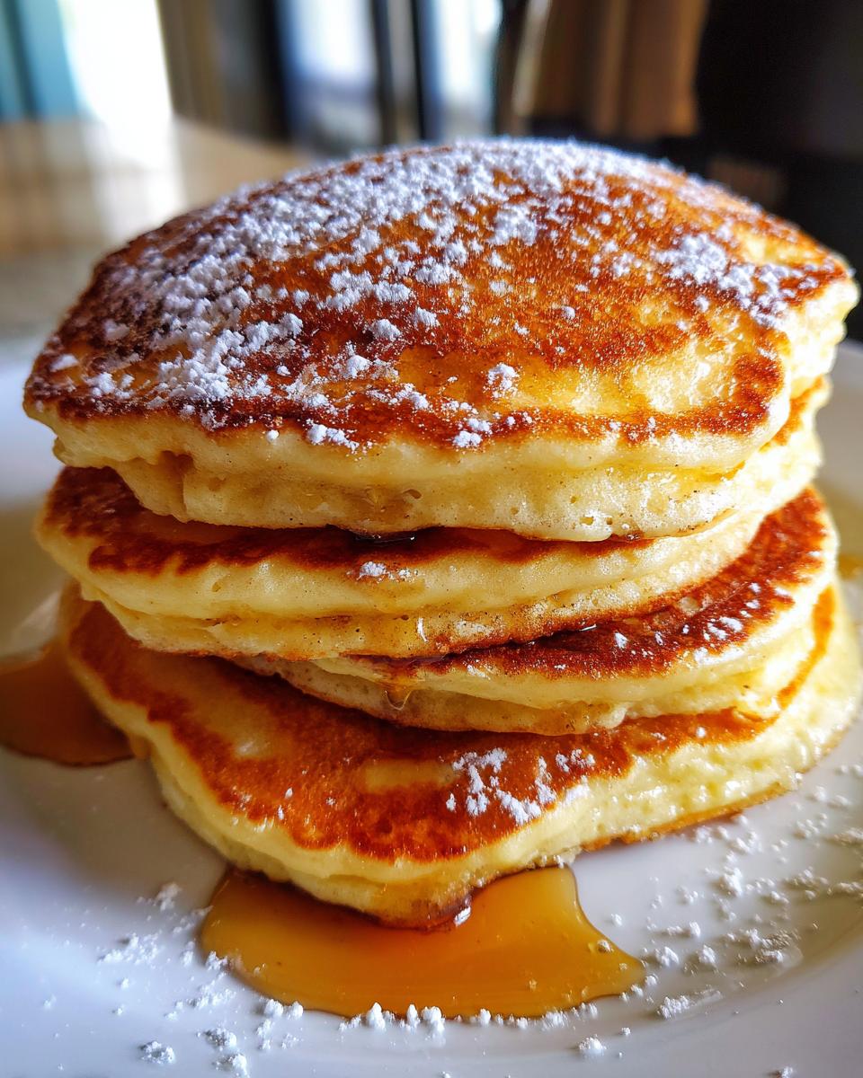 A stack of fluffy buttermilk pancakes dusted with powdered sugar and drizzled with syrup.