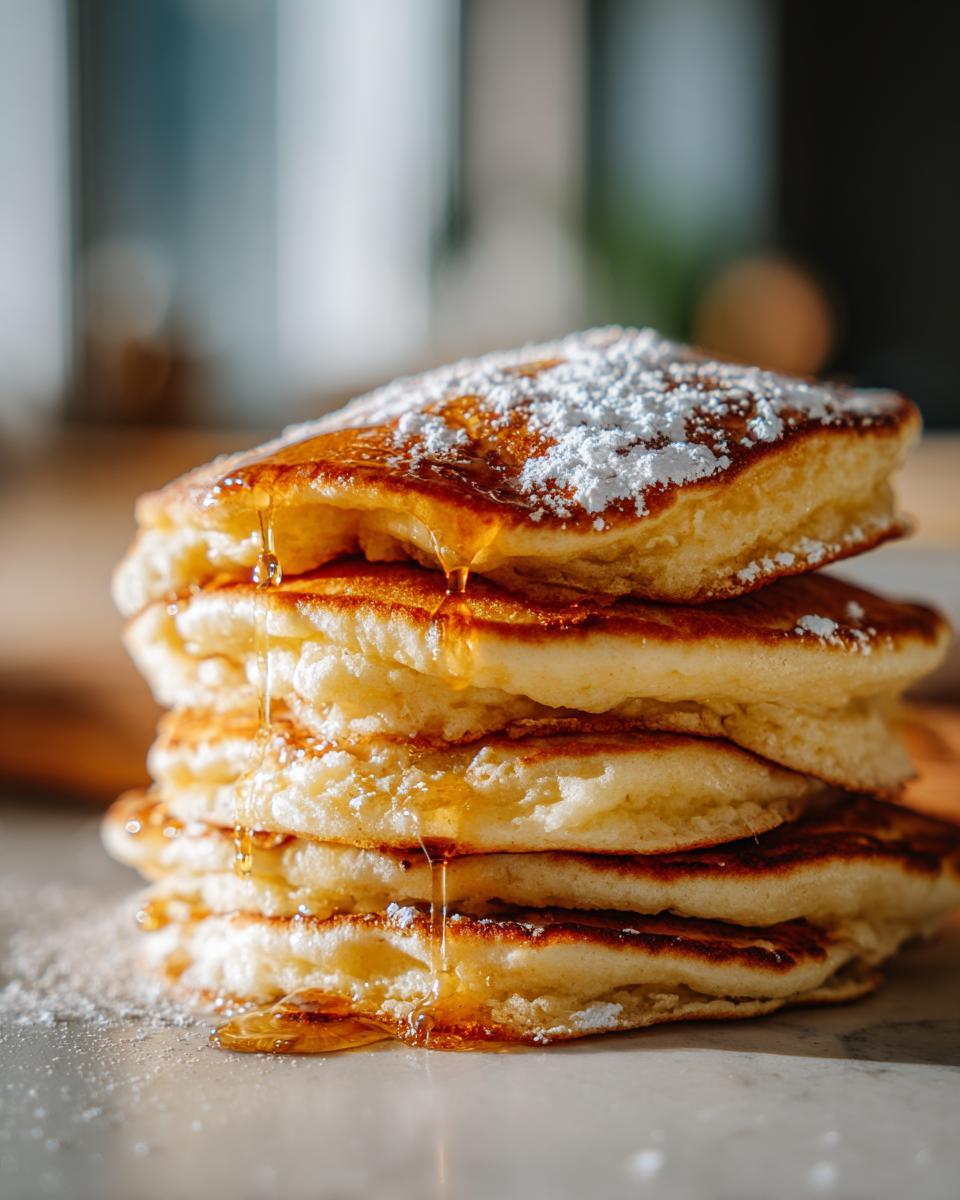 A tall stack of fluffy buttermilk pancakes drizzled with golden syrup and dusted with powdered sugar.