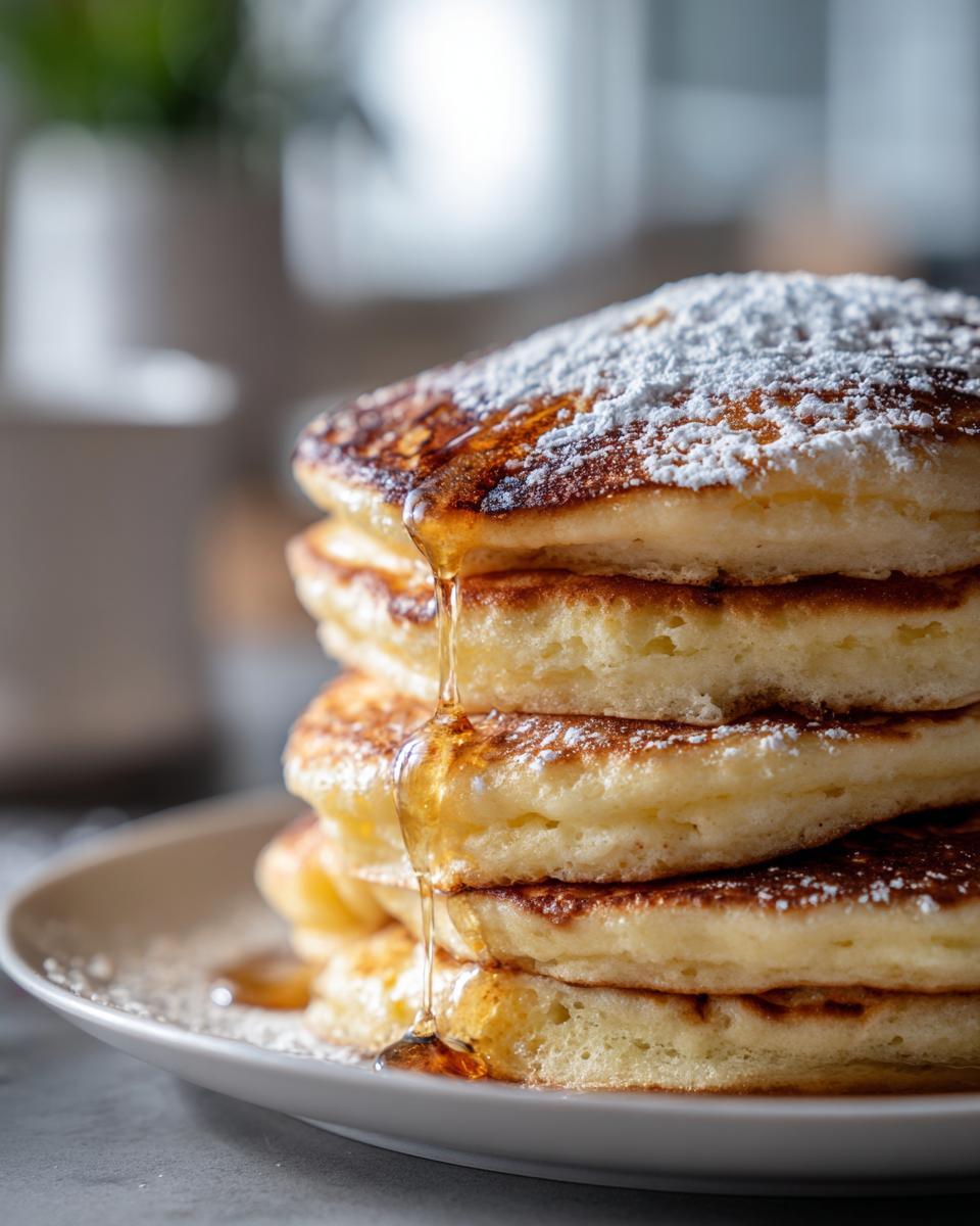 A tall stack of fluffy buttermilk pancakes, dusted with powdered sugar and drizzled with golden syrup.