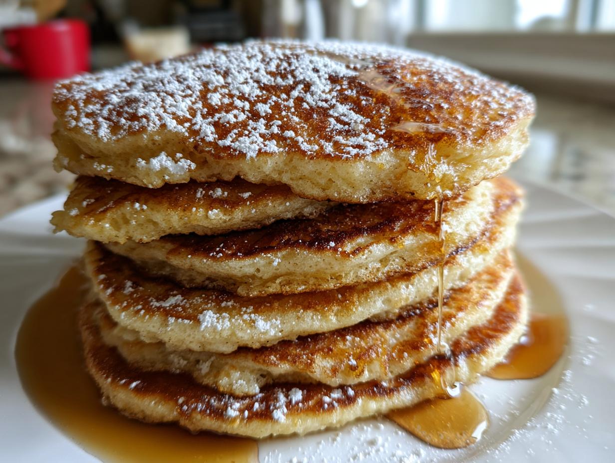 A tall stack of fluffy buttermilk pancakes, dusted with powdered sugar and drizzled with syrup.