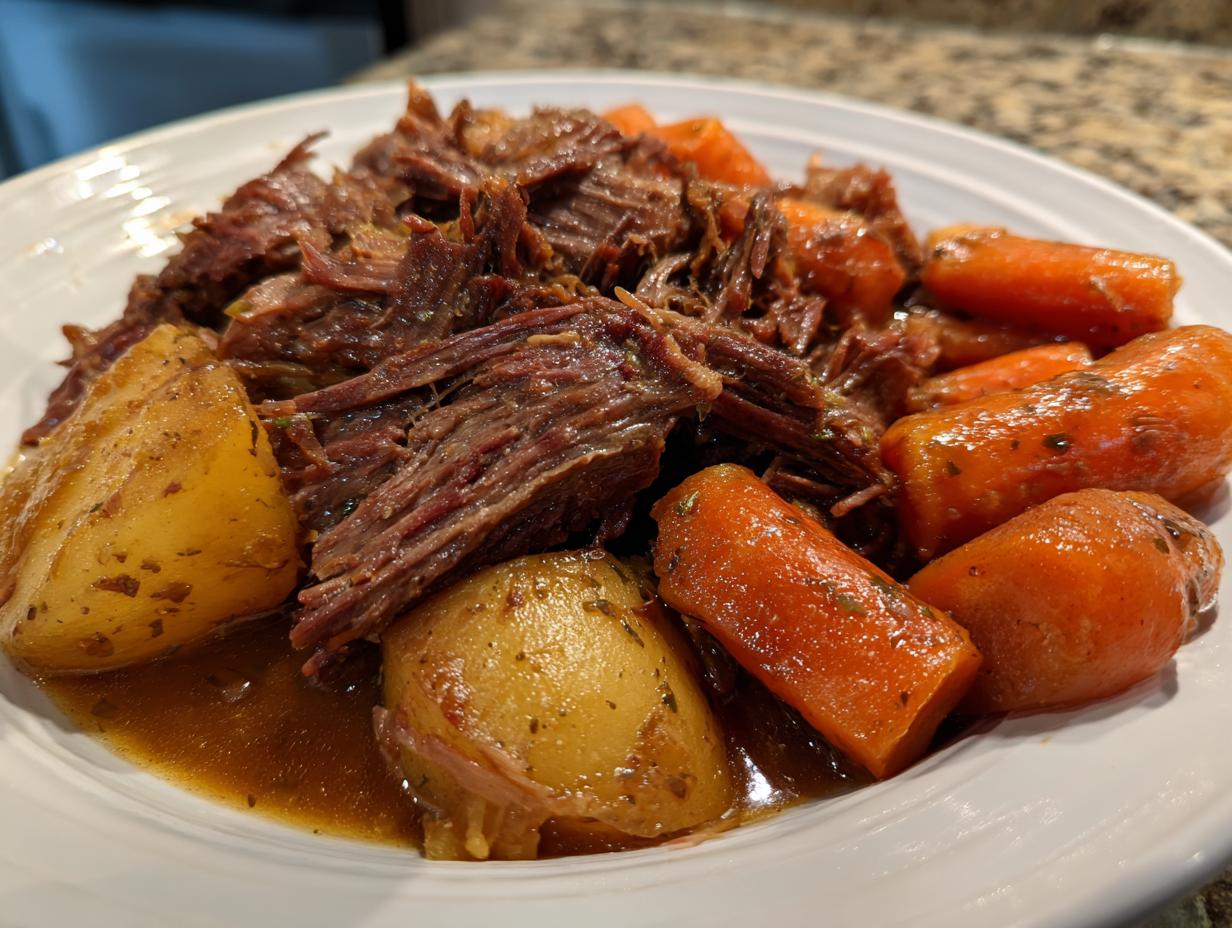 A close-up of a hearty serving of foolproof pot roast with tender shredded beef, carrots, and potatoes in a rich gravy.