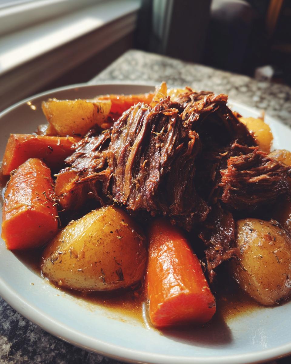 A close-up of a hearty Pot Roast served with tender carrots and potatoes in a rich gravy.