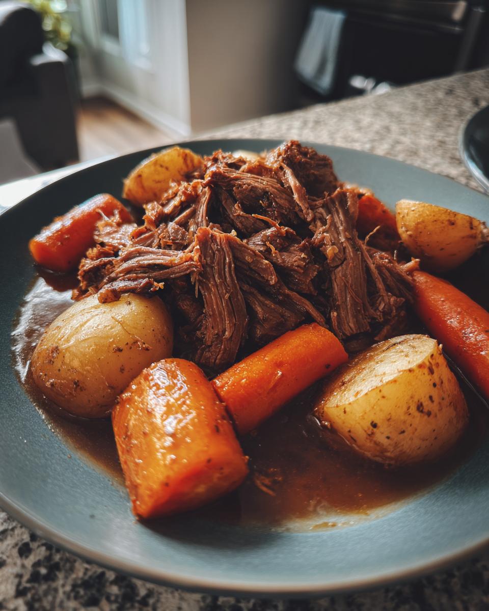 A close-up of a plate of tender pot roast with chunks of carrots and potatoes, swimming in a rich gravy.