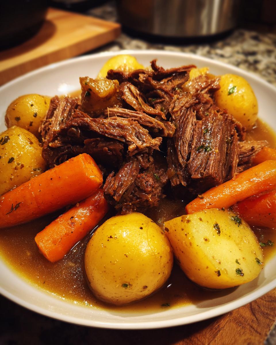 A close-up of a comforting bowl of tender pot roast with whole carrots and baby potatoes in a rich gravy.