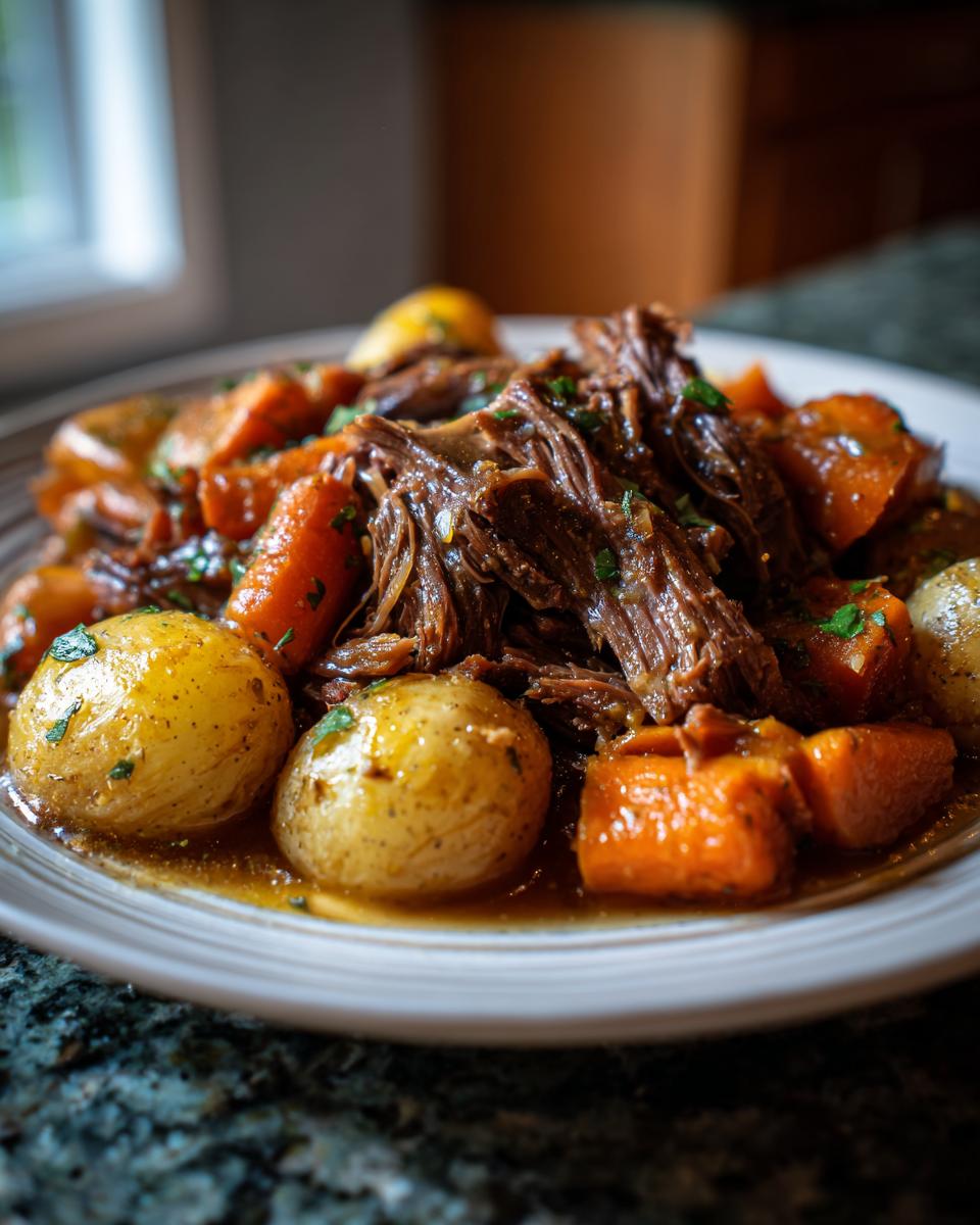 Close-up of a plate filled with tender pot roast, carrots, and potatoes, garnished with parsley.