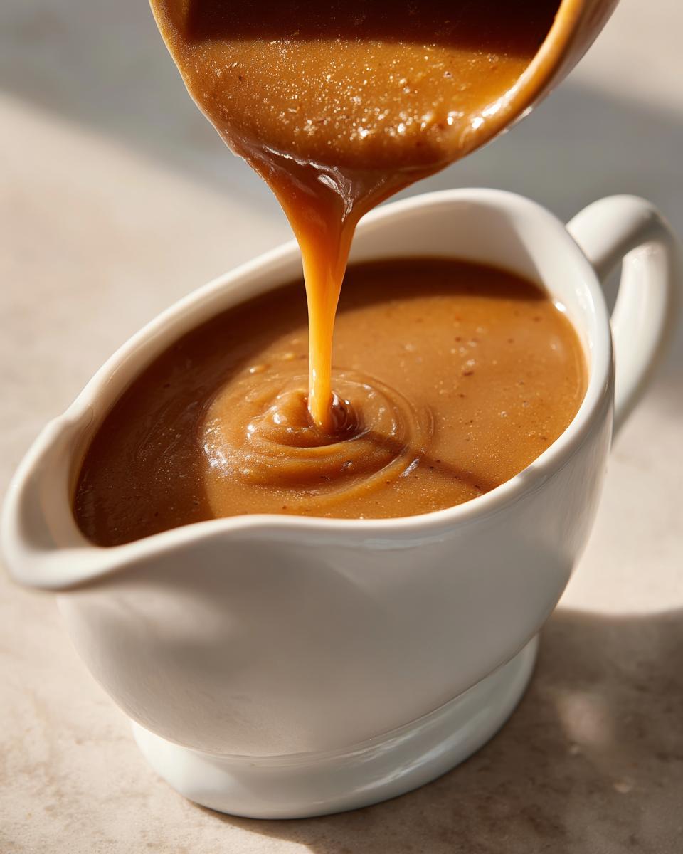 Close-up of rich, smooth turkey gravy being poured into a white gravy boat.
