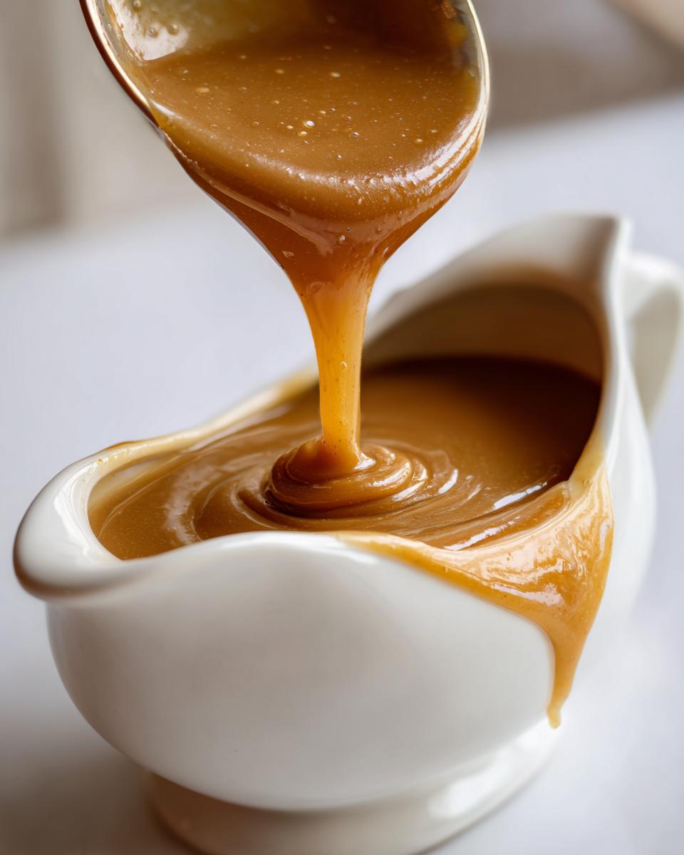 A spoonful of rich, smooth turkey gravy being poured into a white gravy boat.