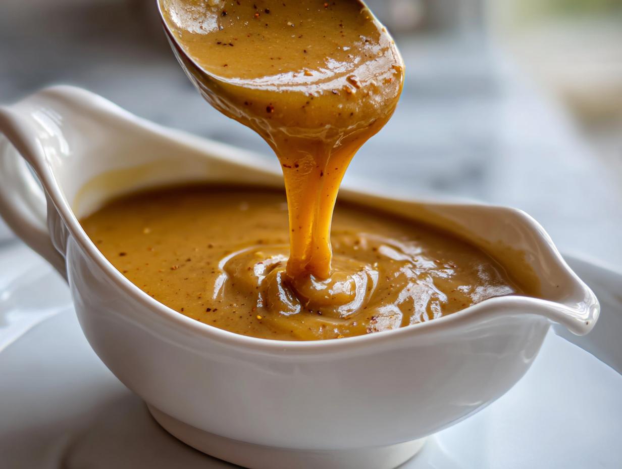 A close-up shot of rich, golden turkey gravy being poured from a ladle into a white gravy boat.