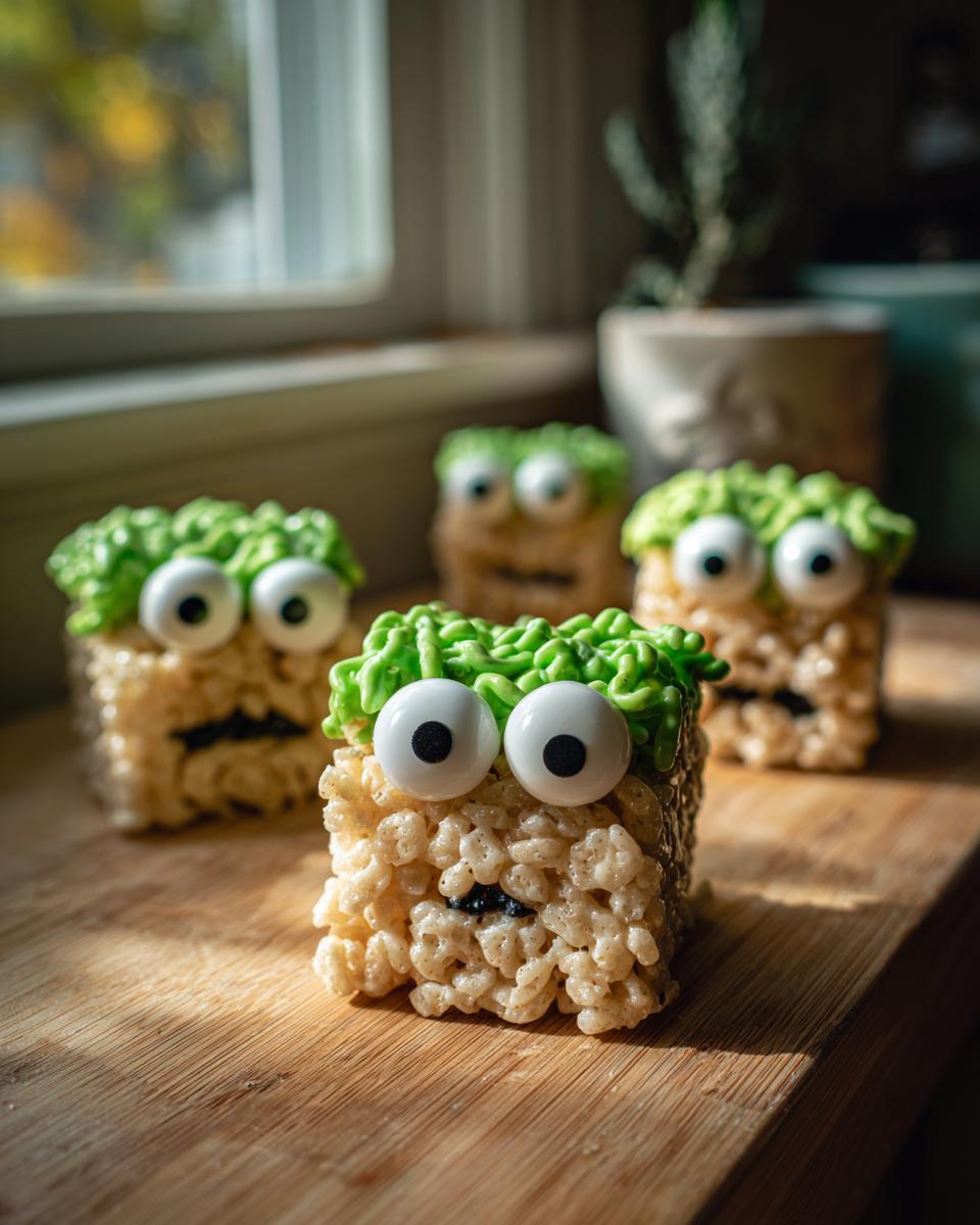 Four adorable Frankenstein Rice Krispie Treats with green frosting hair and candy eyes, arranged on a wooden board.