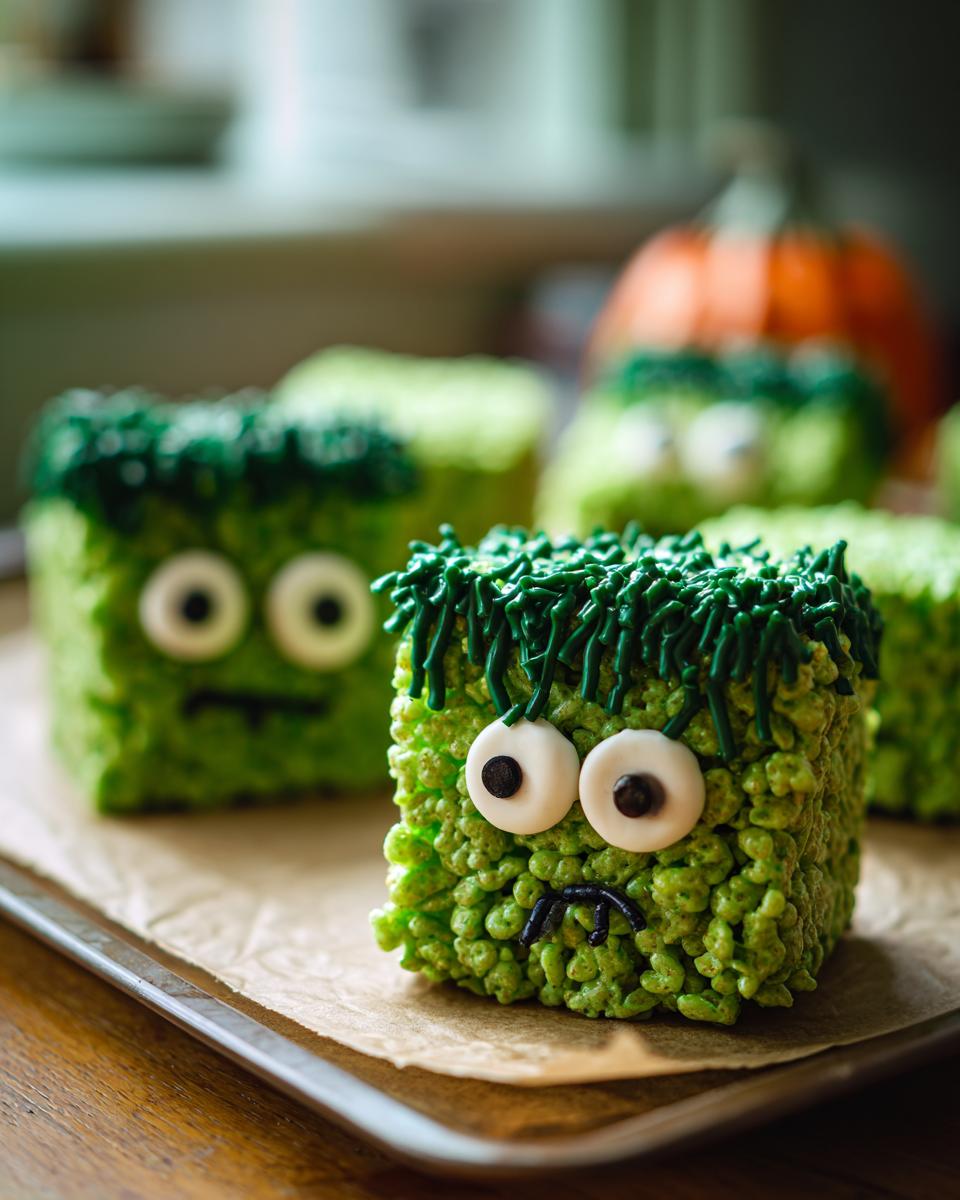 Close-up of a green Frankenstein Rice Krispie Treat with candy eyes and green sprinkles for hair.