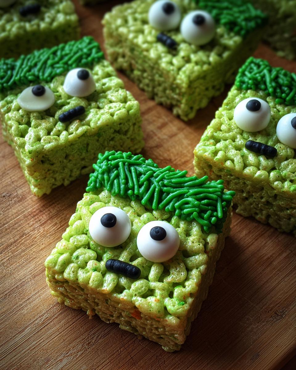 Close-up of green Frankenstein Rice Krispie Treats decorated with candy eyes and green sprinkles for hair.