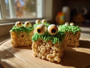 Several Frankenstein Rice Krispie Treats decorated with green frosting hair and candy eyes.