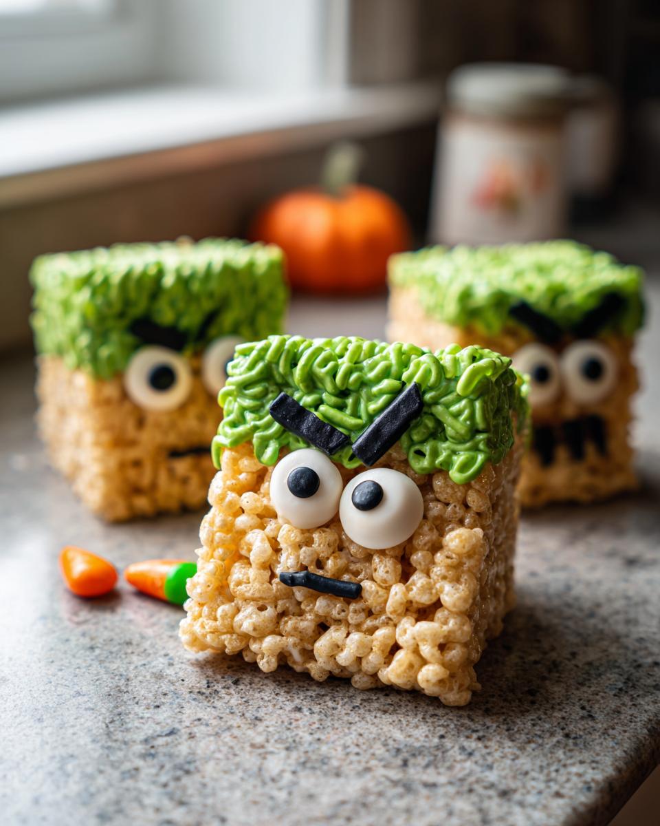 Close-up of a Frankenstein Rice Krispie Treat decorated with green icing hair, candy eyes, and a black licorice mouth.