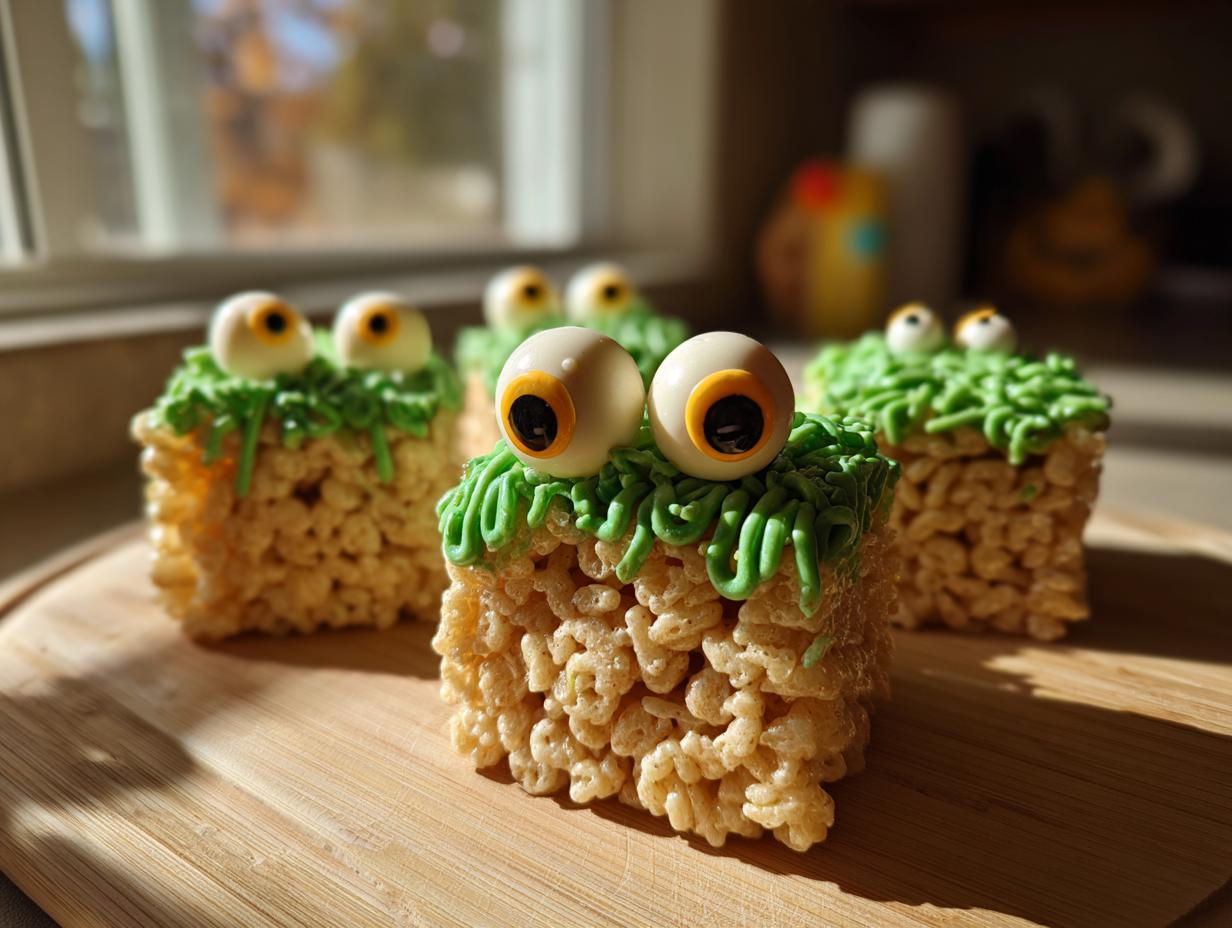 Several Frankenstein Rice Krispie Treats decorated with green frosting hair and candy eyes.