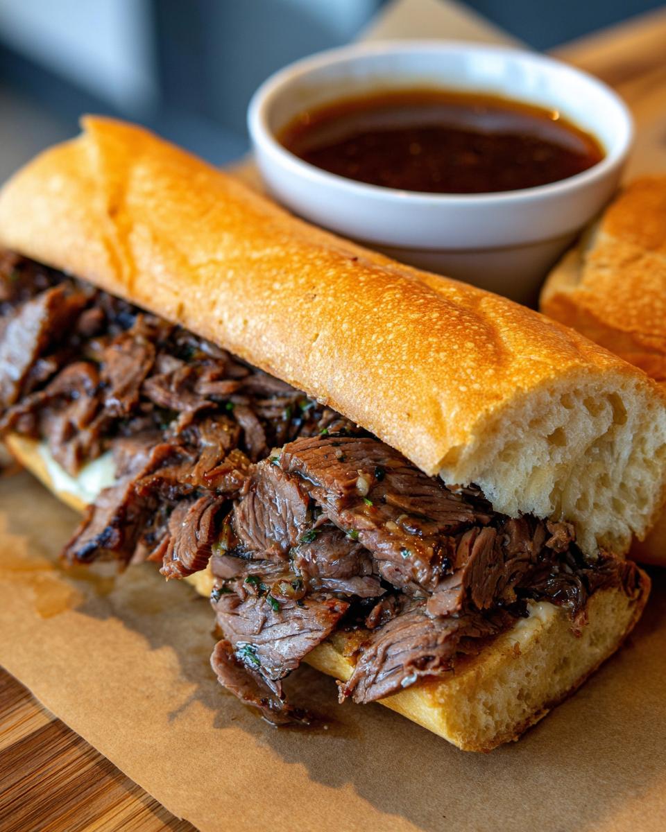 A close-up of a delicious French Dip Sandwich overflowing with tender, sliced beef and a side of rich au jus.