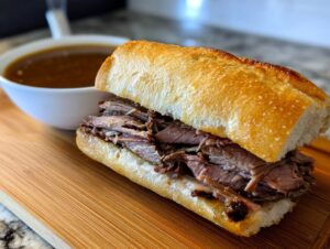 A close-up of a delicious French Dip Sandwich piled high with tender roast beef on a crusty roll, served with a side of au jus.