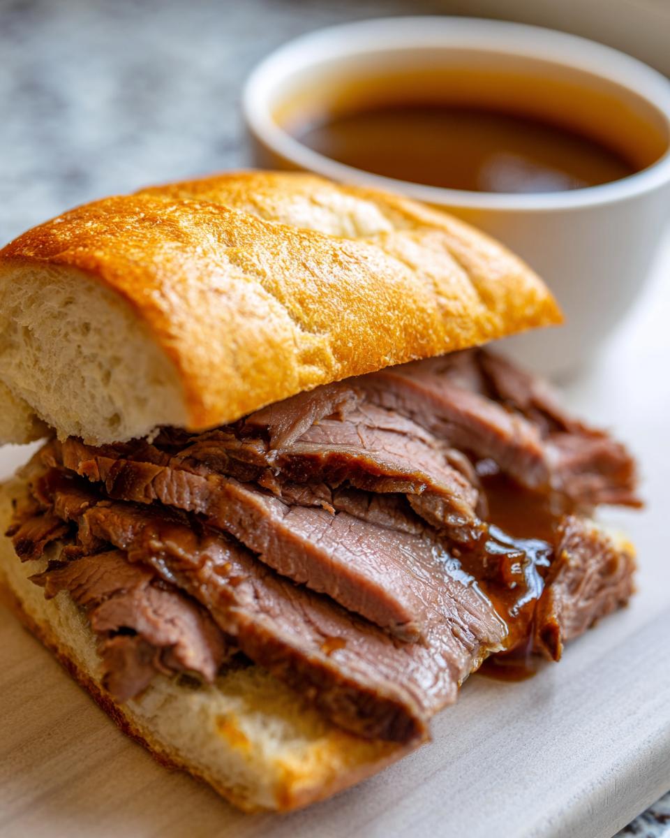 Close-up of a delicious French Dip Sandwich piled high with thinly sliced roast beef on a crusty roll, with a side of au jus.