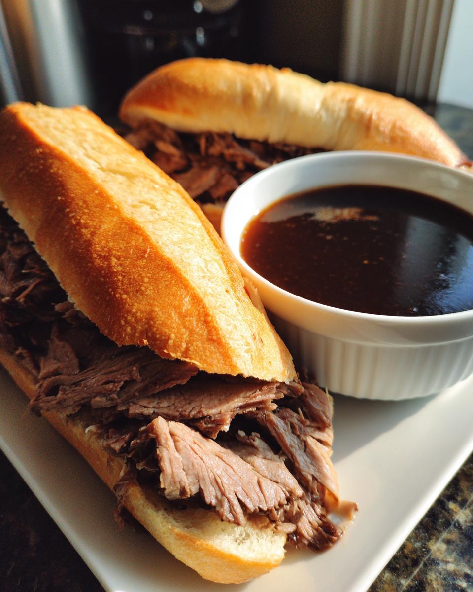 Two delicious French Dip Sandwiches filled with shredded beef, served with a side of au jus for dipping.