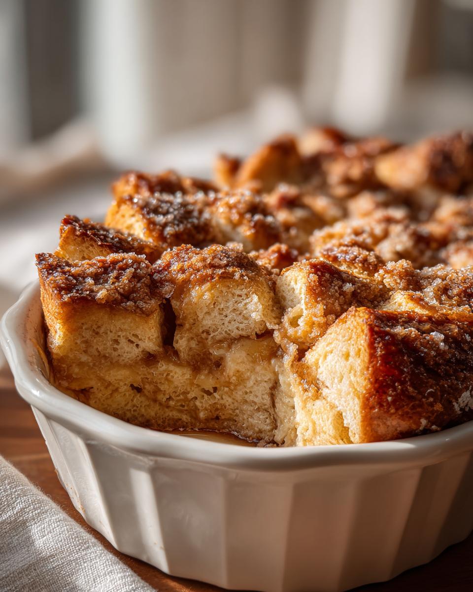 Close-up of a golden brown French toast casserole topped with sugar and cinnamon in a white baking dish.