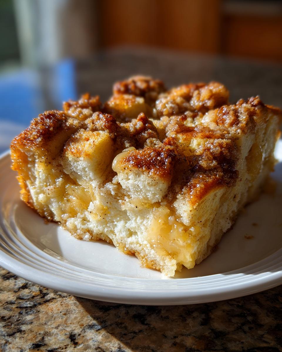 A close-up of a slice of French toast casserole on a white plate, showcasing its fluffy texture and cinnamon-sugar topping.