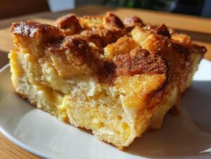 A close-up of a golden brown slice of French toast casserole, dusted with cinnamon sugar.