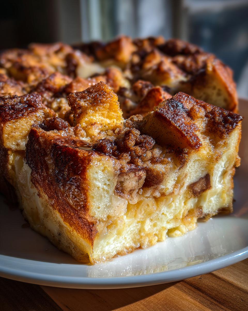 A close-up of a generous slice of French toast casserole on a white plate, showcasing its golden-brown crust and fluffy interior.