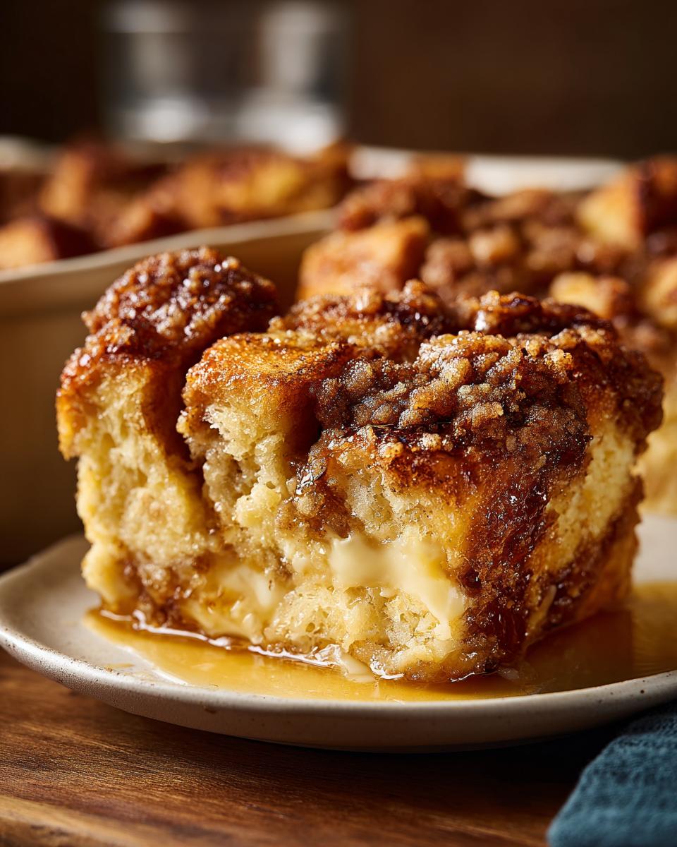 A close-up of a slice of French toast casserole, showing its fluffy interior and caramelized topping, served with syrup.