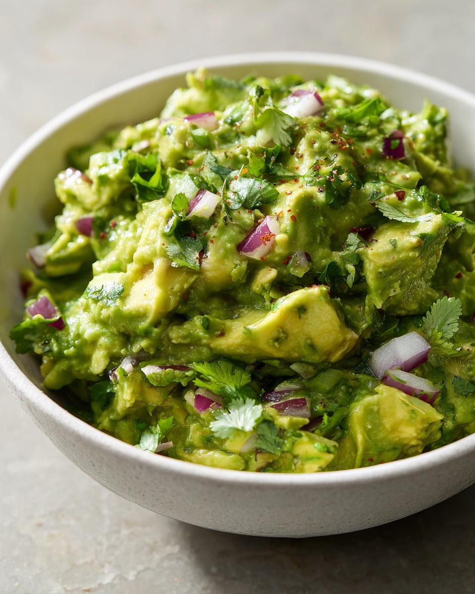 A close-up of a bowl of fresh guacamole, featuring chunky avocado, red onion, and cilantro.