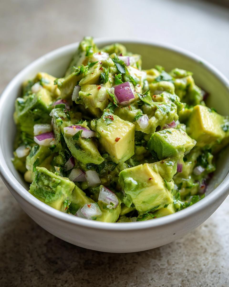 Close-up of a bowl of fresh, chunky guacamole made with ripe avocados, red onion, and cilantro.