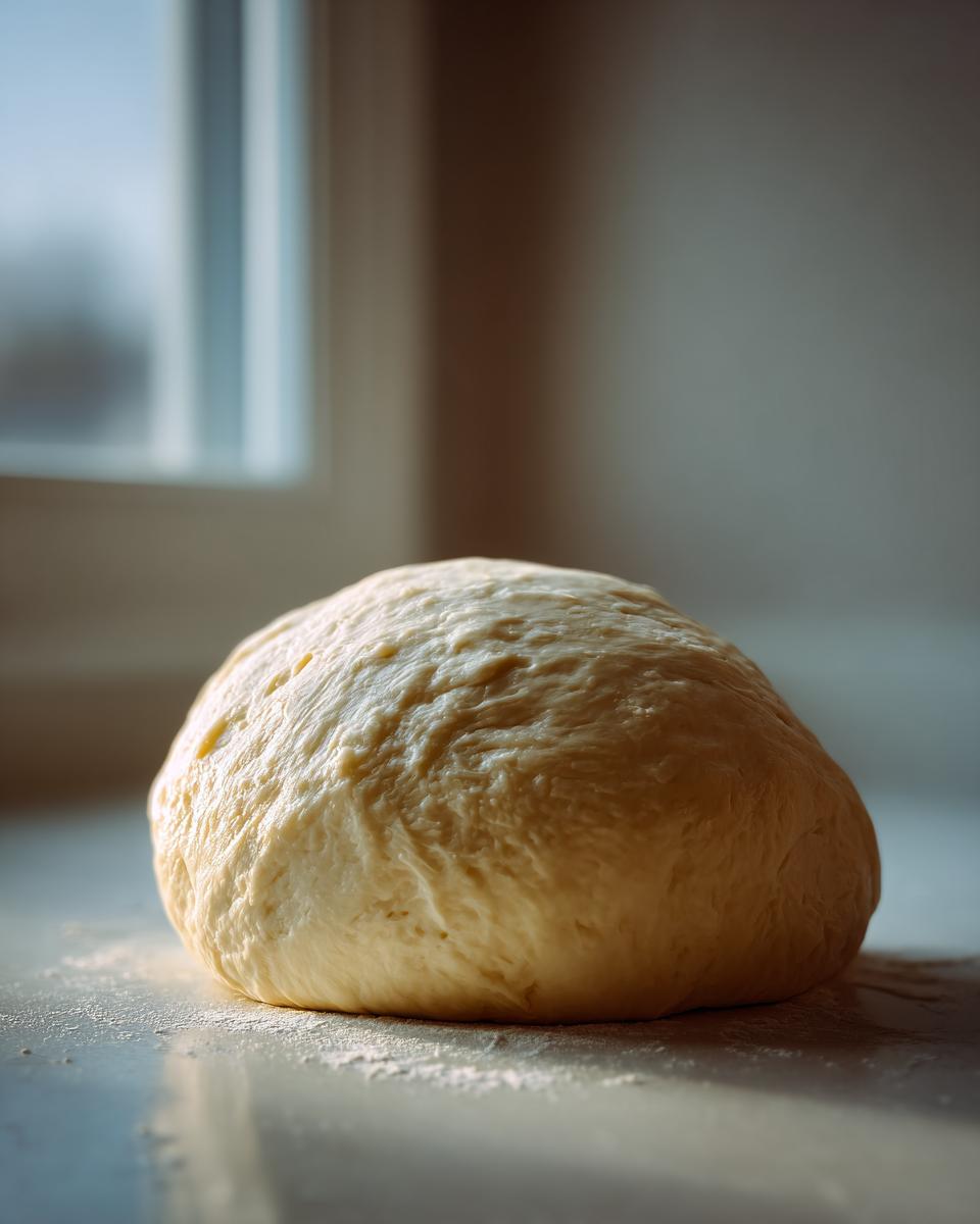 A perfectly formed ball of fresh pizza dough resting on a lightly floured surface, ready to be shaped.