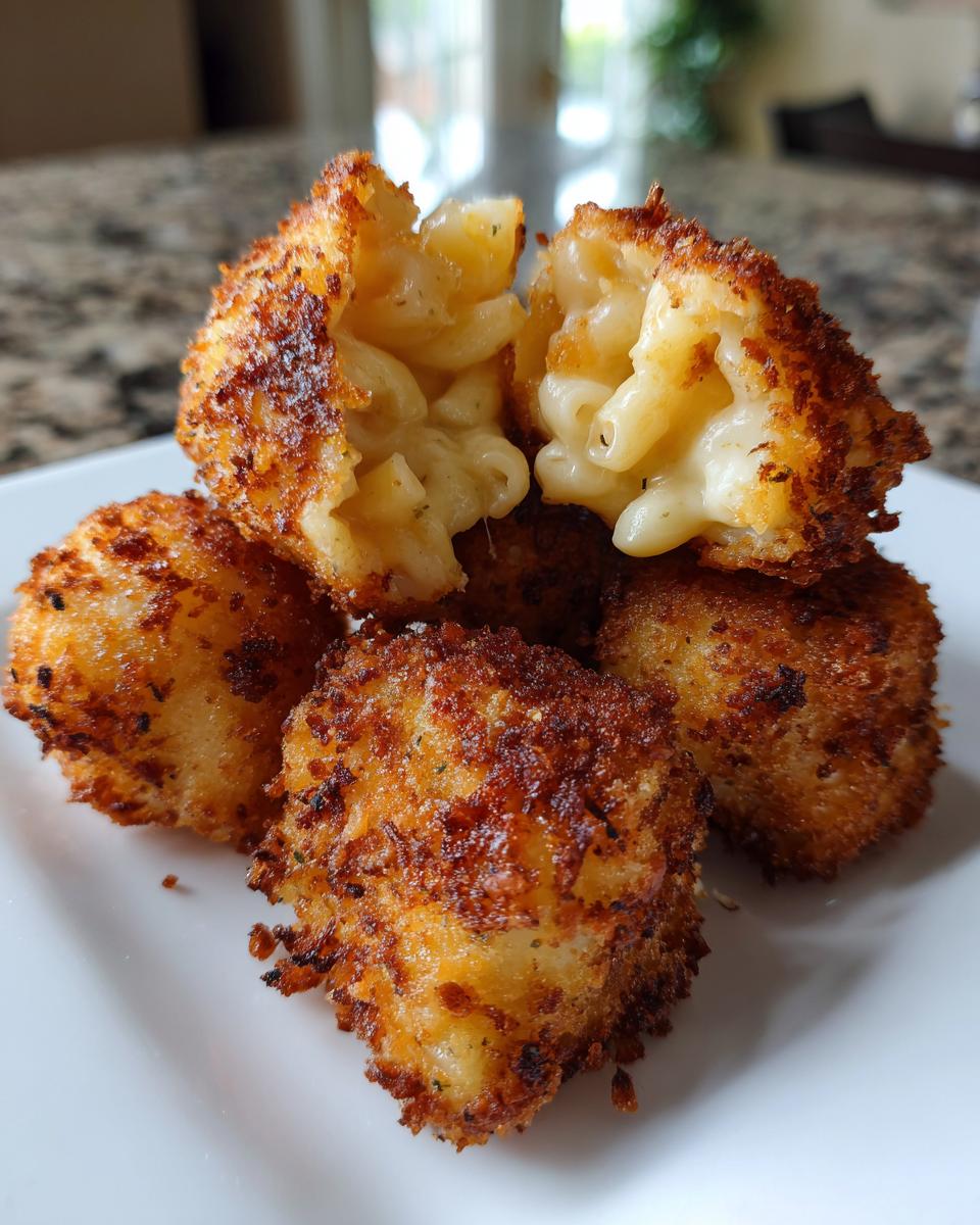 A pile of golden-brown Fried Mac and Cheese Bites on a white plate, with one bite broken open to reveal gooey cheese and macaroni.