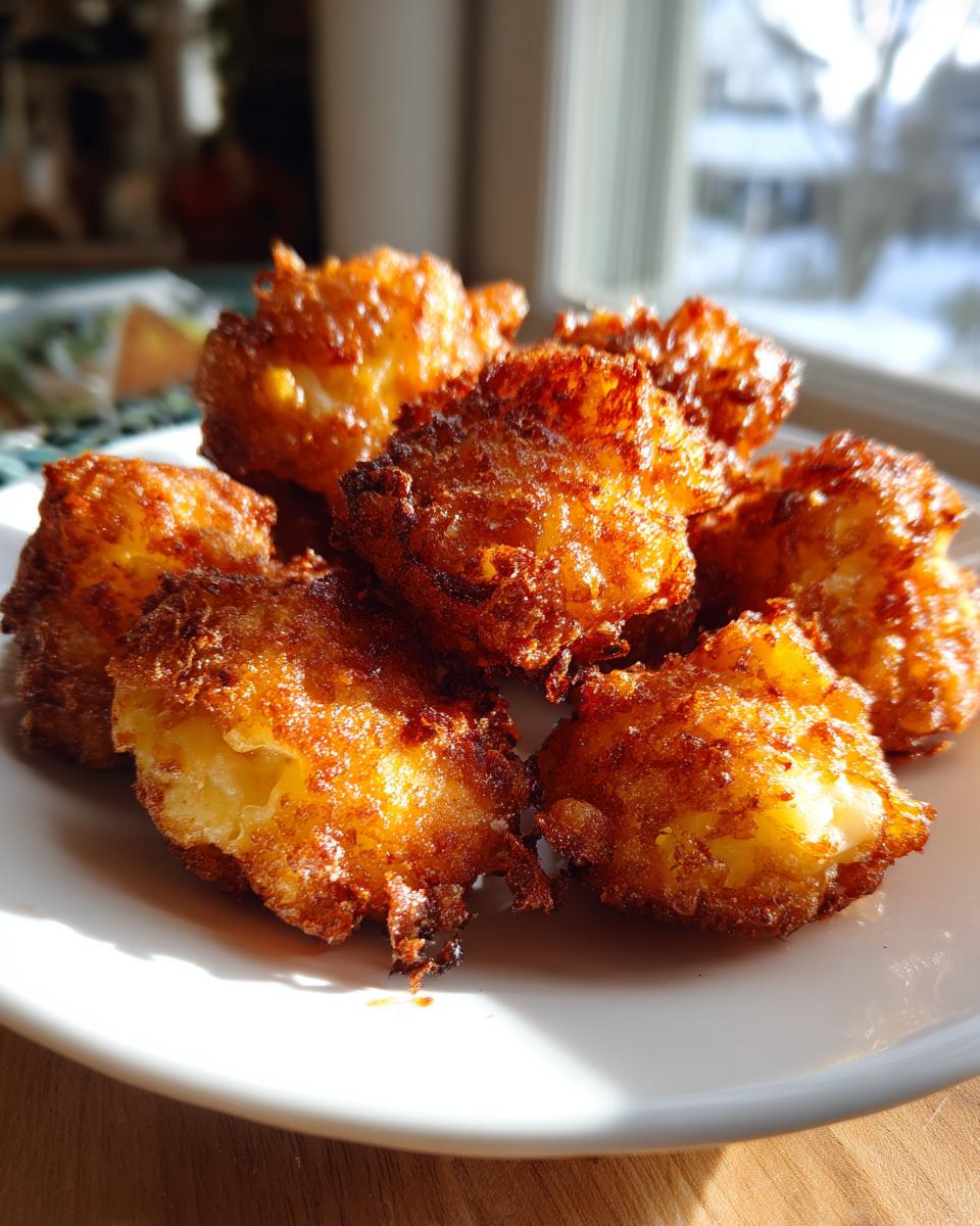 A pile of crispy, golden-brown Fried Mac and Cheese Bites on a white plate.