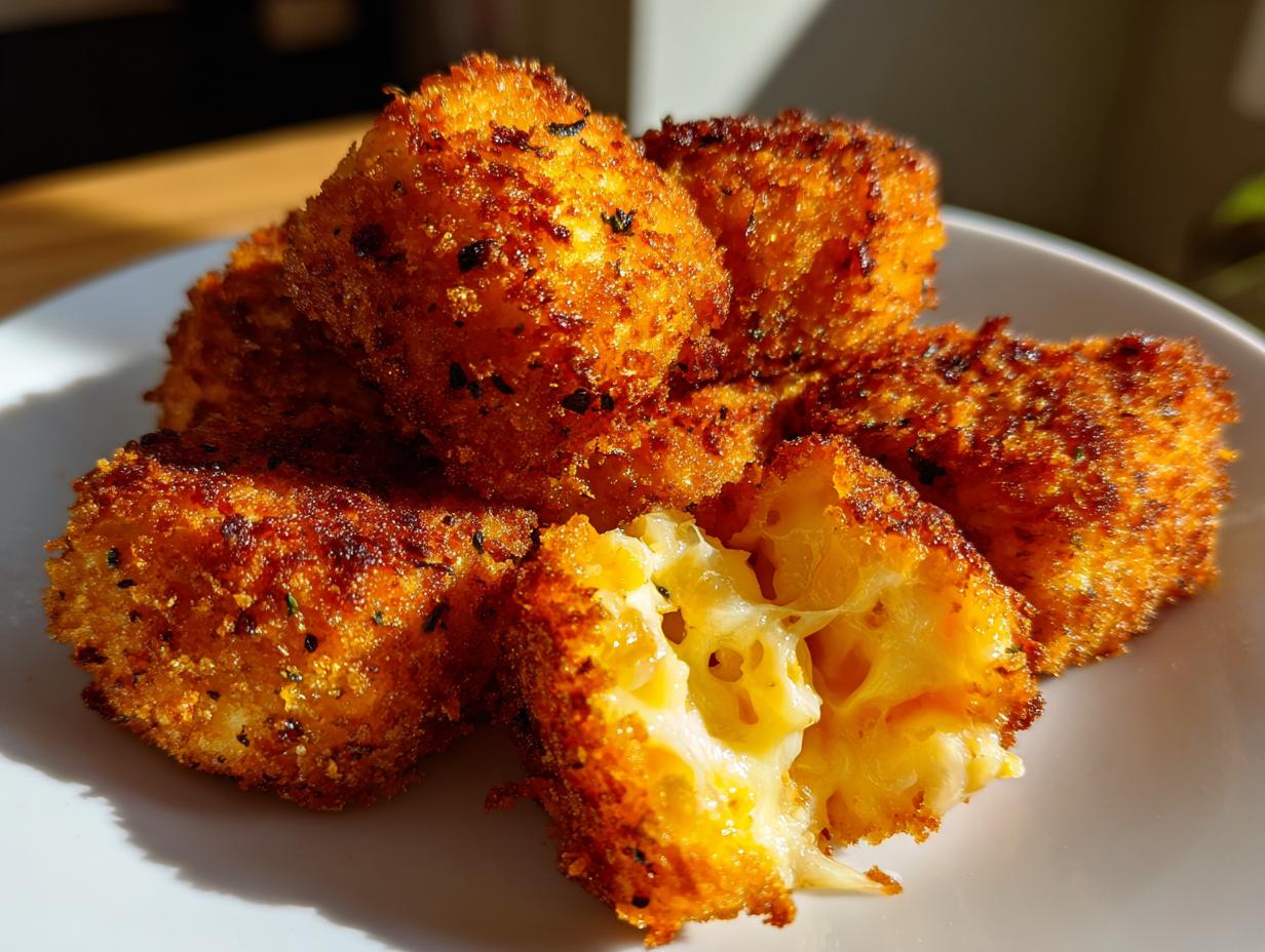 Golden brown, crispy Fried Mac and Cheese Bites on a white plate, one is broken open revealing melted cheese.