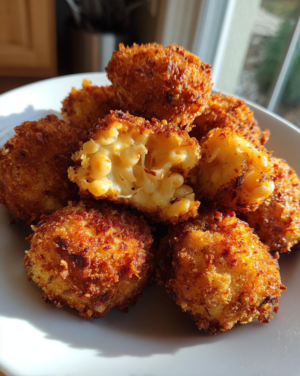 A pile of golden-brown, crispy Fried Mac and Cheese Bites on a white plate, with one bite broken open to reveal the cheesy pasta inside.