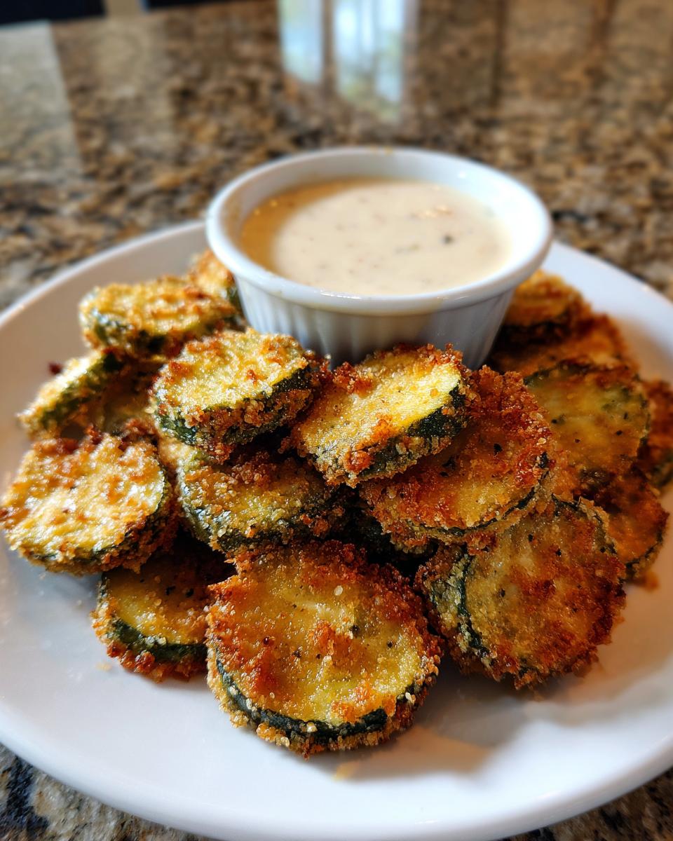 A plate full of golden-brown fried pickles served with a creamy dipping sauce.