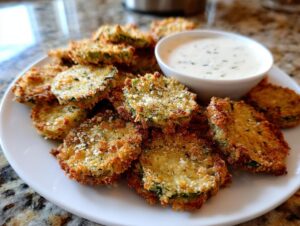 A plate of golden-brown fried pickles served with a creamy dipping sauce, showcasing their crispy coating.