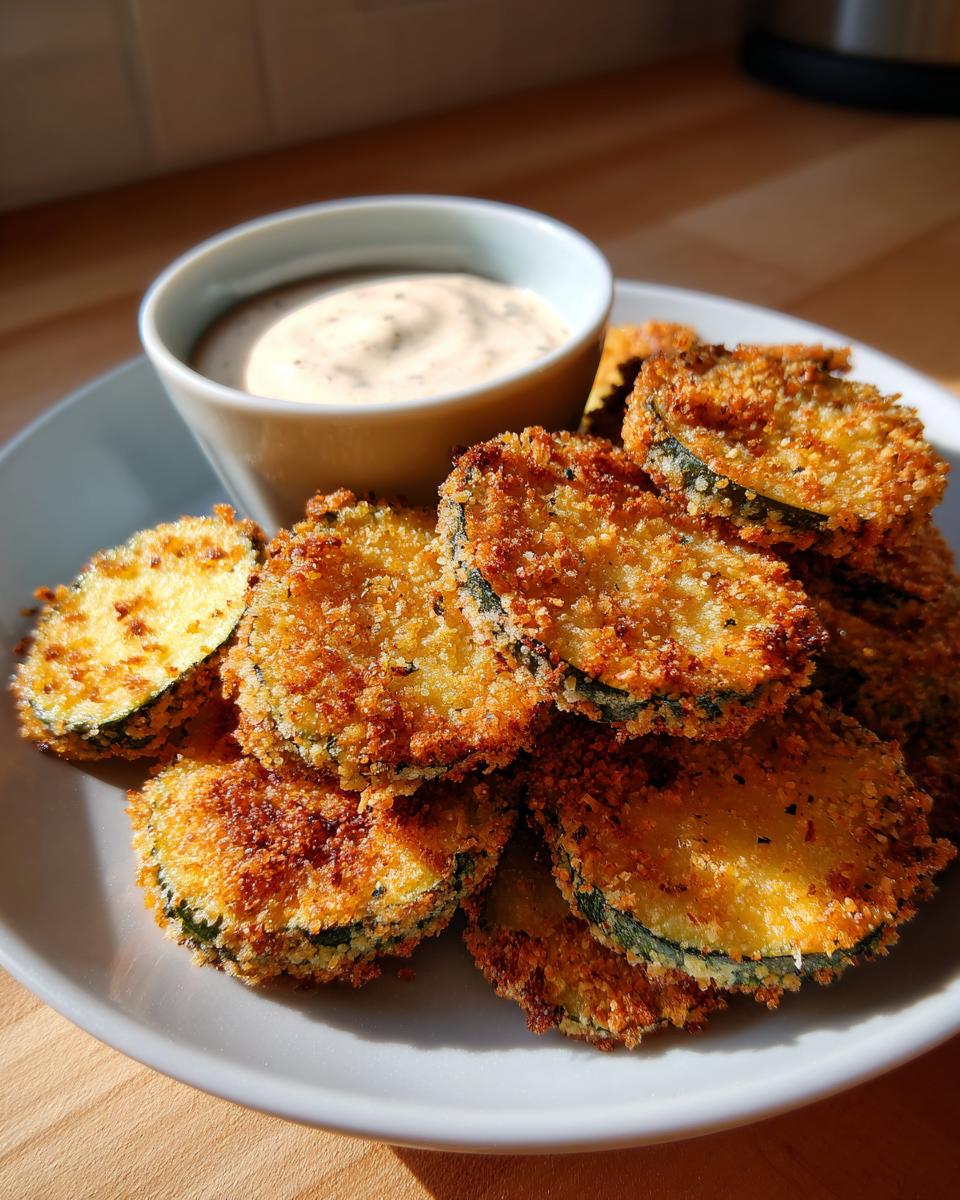A plate of golden-brown fried pickles, perfectly crispy, served with a creamy dipping sauce.
