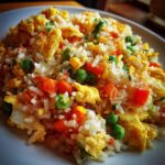 A close-up of a plate of freshly made fried rice, featuring fluffy rice, scrambled egg pieces, peas, carrots, and corn.