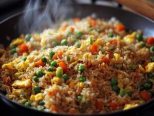 A close-up of steaming hot fried rice with peas, carrots, and scrambled egg in a wok.