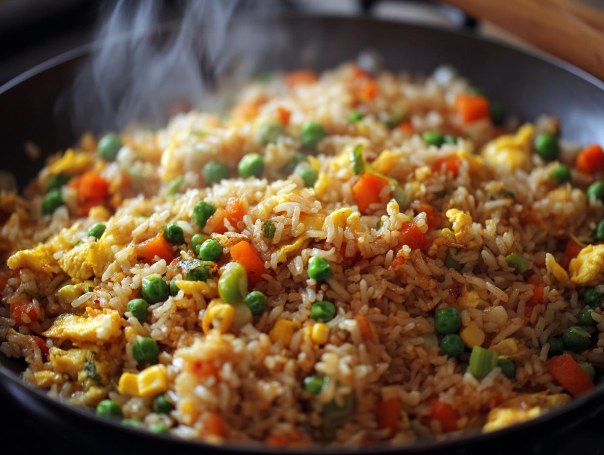 A close-up of steaming hot fried rice with peas, carrots, and scrambled egg in a wok.