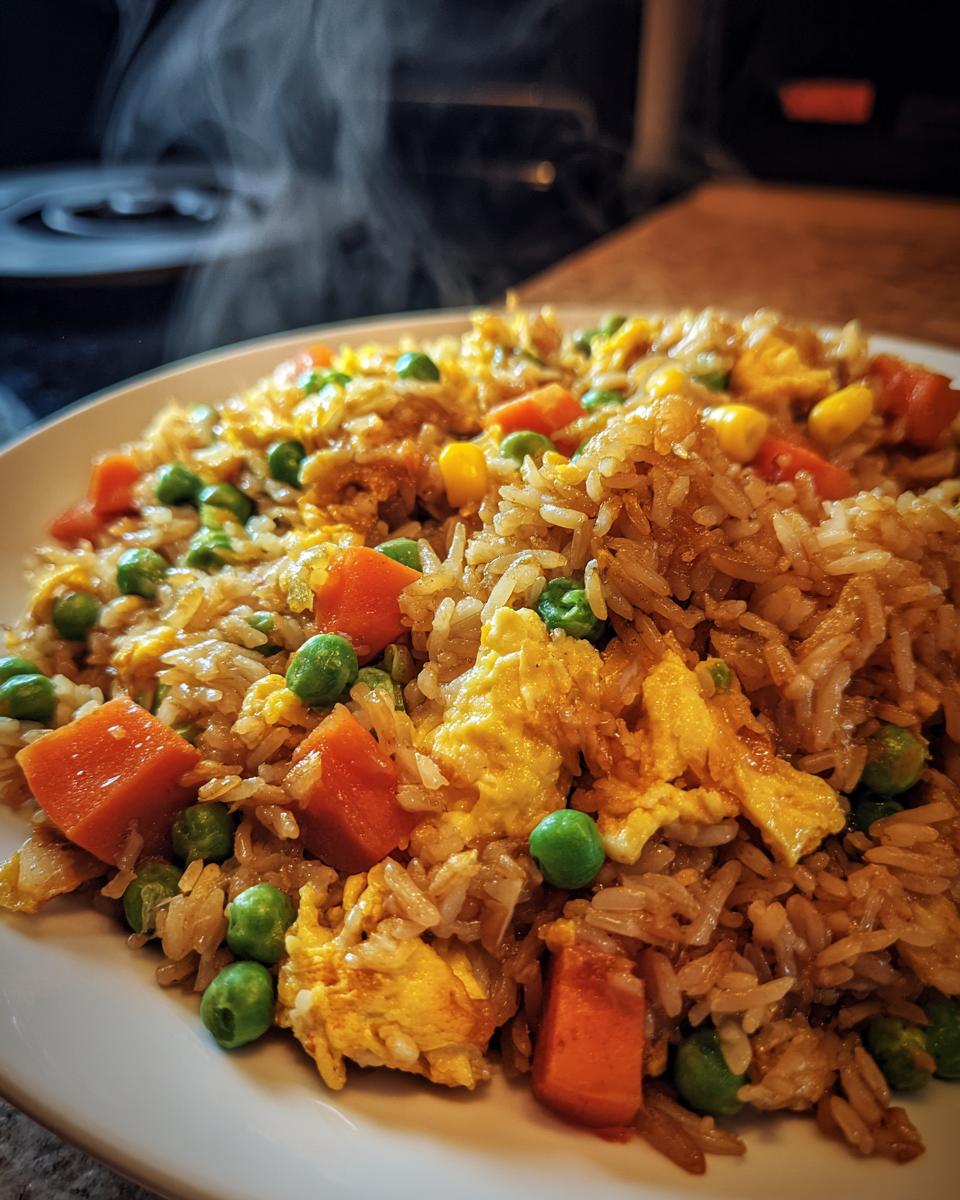 A close-up shot of a steaming plate of fried rice, featuring scrambled eggs, peas, carrots, and corn.