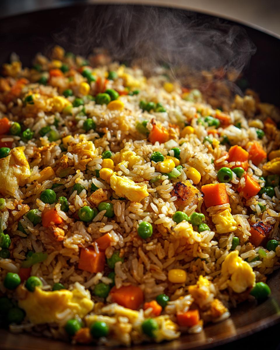 Close-up of steaming hot fried rice with peas, carrots, corn, and scrambled egg in a wok.