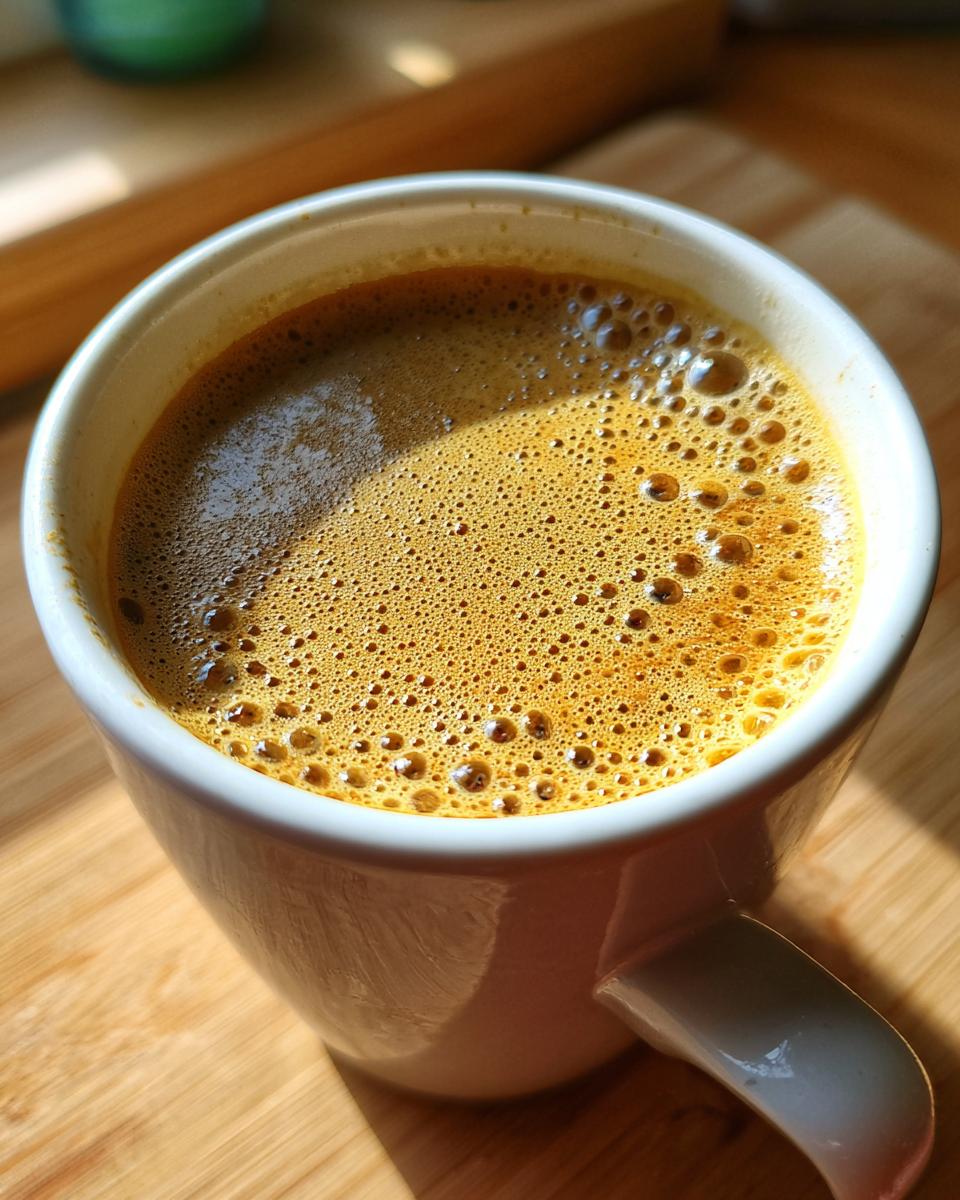 Close-up of a frothy, golden-brown chai latte in a white mug, bathed in sunlight.