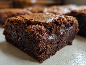 Close-up of a fudgy brownie with a gooey, melted chocolate chunk visible.