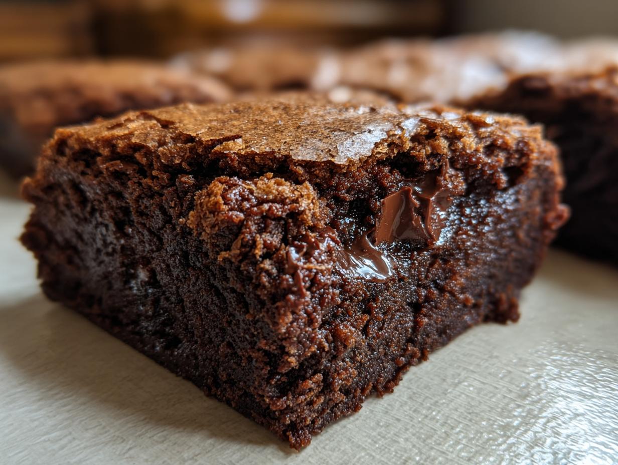 Close-up of a fudgy brownie with a gooey, melted chocolate chunk visible.