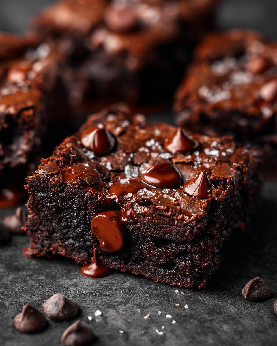 Close-up of a decadent fudgy brownie topped with melted chocolate chips and a sprinkle of sea salt.