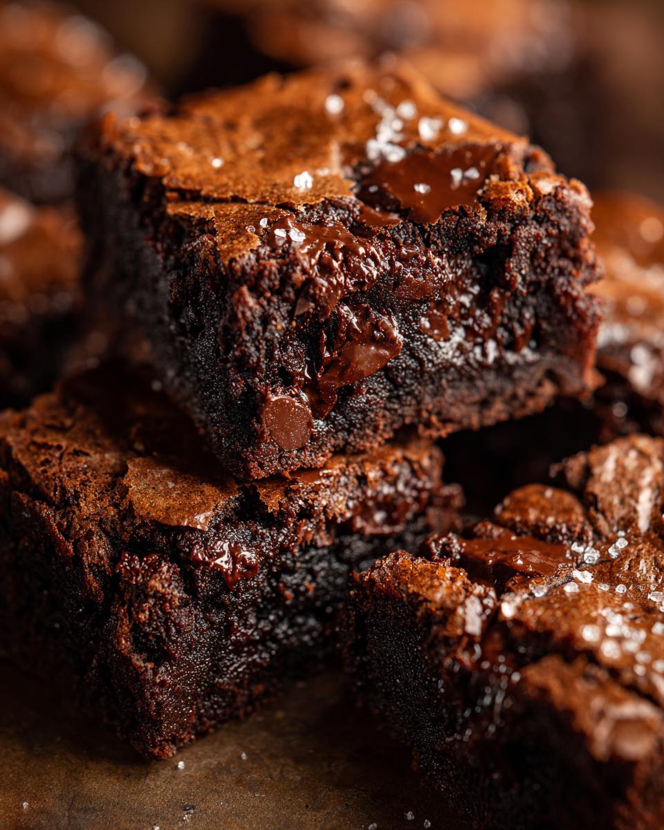 Close-up of rich, fudgy brownies stacked, with visible chocolate chips and sprinkled sea salt.