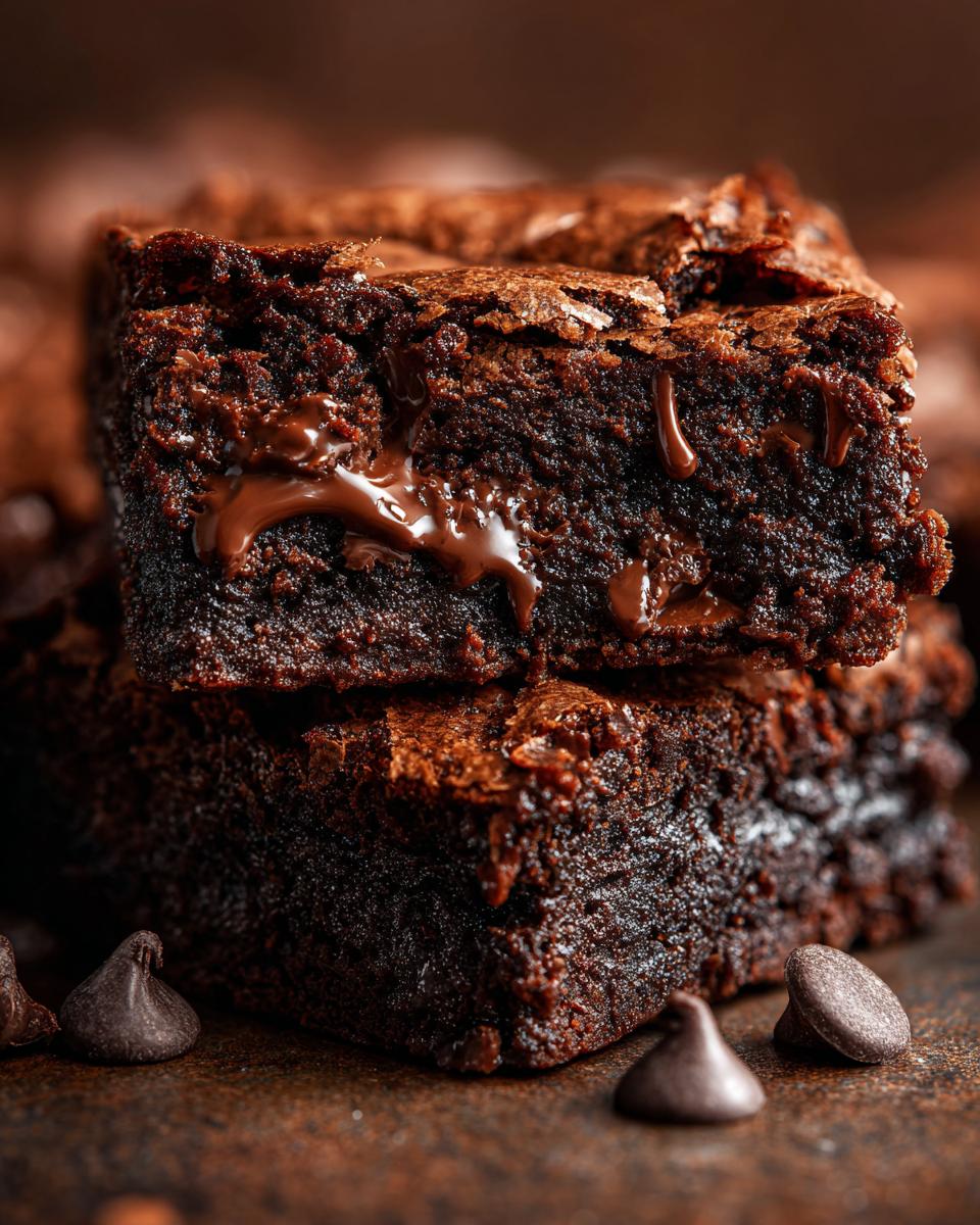 Close-up of stacked fudgy brownies with melted chocolate oozing out, surrounded by chocolate chips.